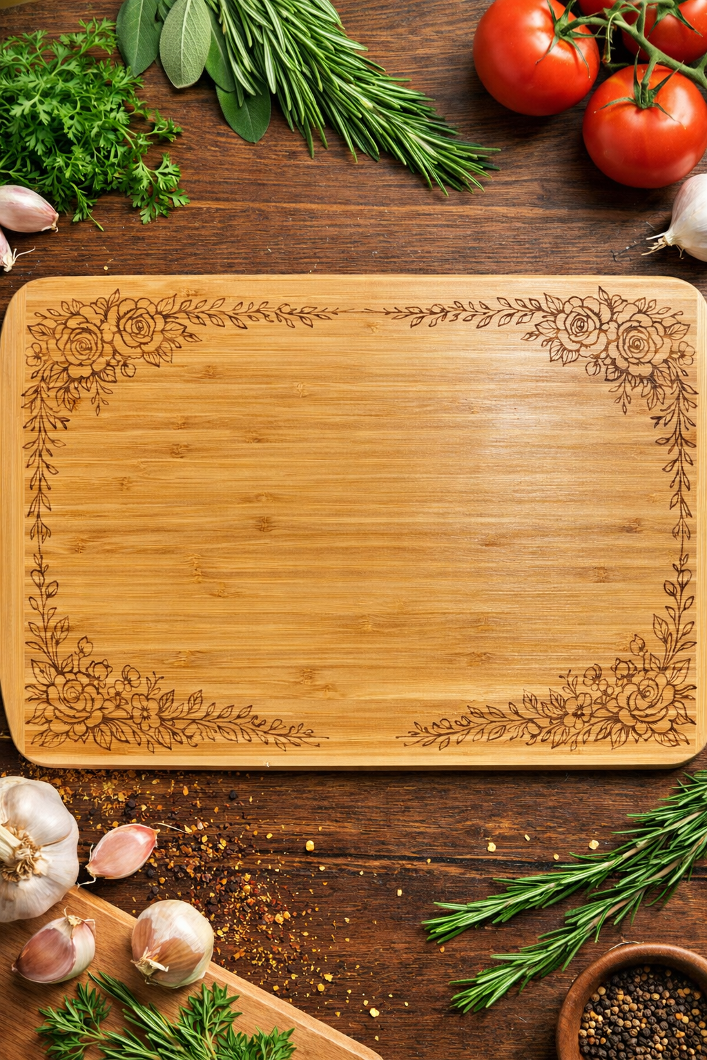 Handcrafted Floral Engraved Bamboo Cutting Board – Rustic Kitchen Decor