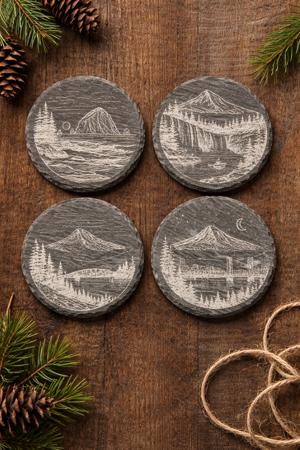 Pacific Northwest Slate Coaster Set – Handcrafted Engraved Oregon Landmark Designs (Set of 4)