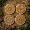 Pacific Northwest Geometric Engraved Wood Coaster Set – Handmade Laser Engraved Mandala & Compass Designs (Set of 4)