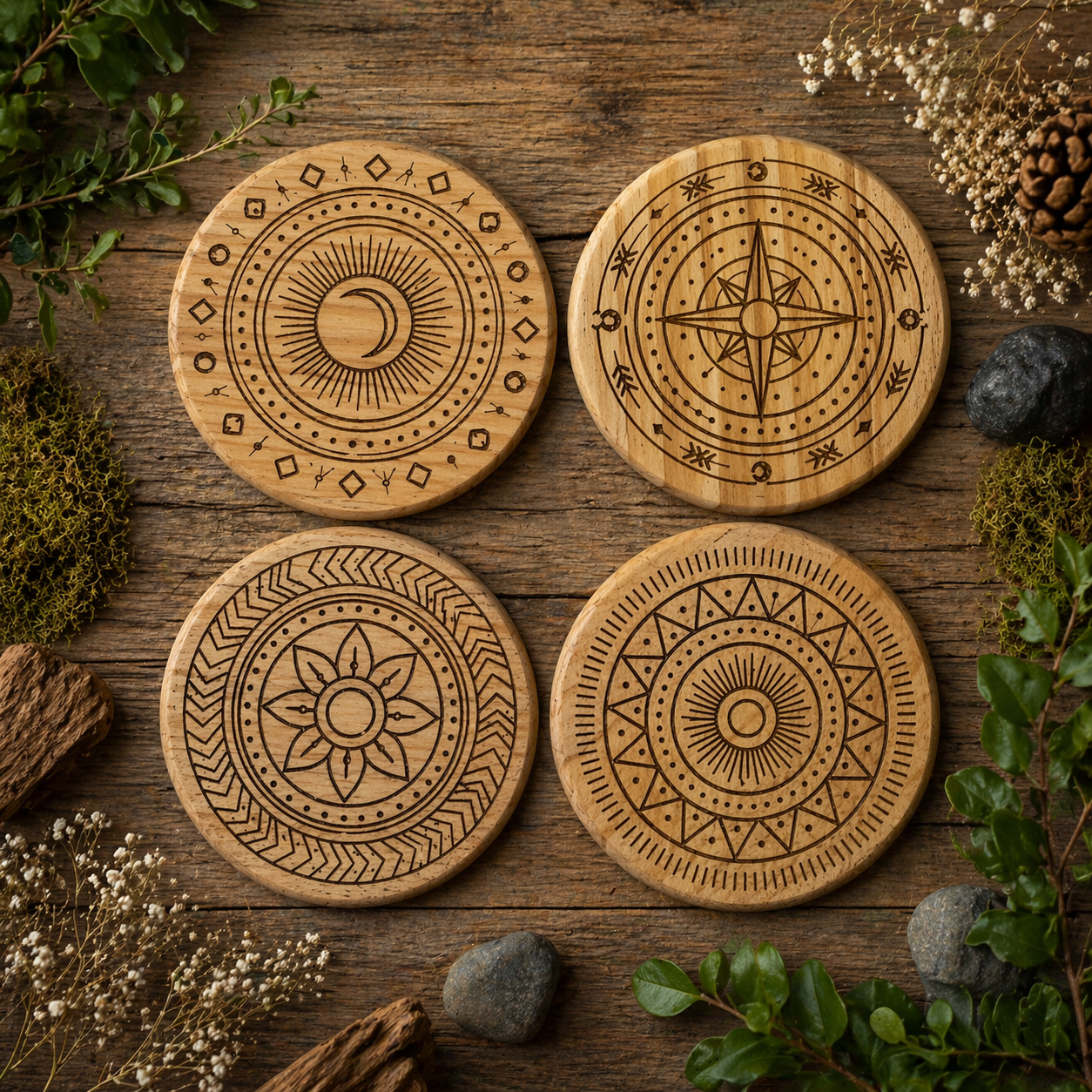Pacific Northwest Geometric Engraved Wood Coaster Set – Handmade Laser Engraved Mandala & Compass Designs (Set of 4)